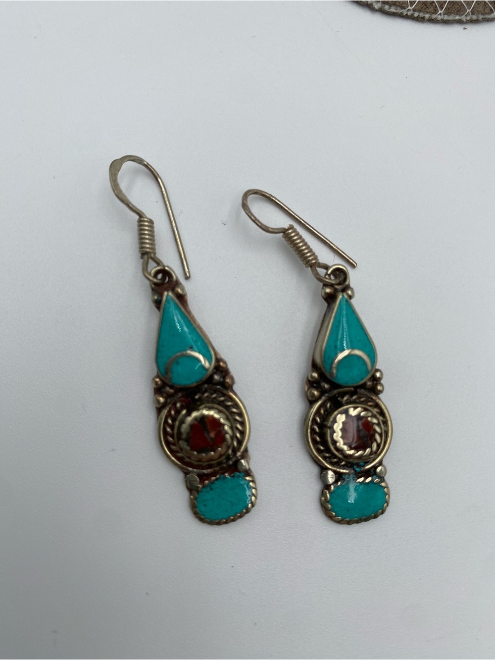 Turquoise and Red Teardrop Dangle Earrings in Gold-Tone Setting